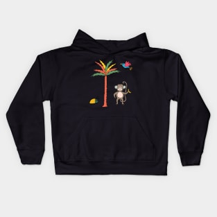 Monkey and banana with tropical bird, beetle and palm tree - kids décor and stickers Kids Hoodie